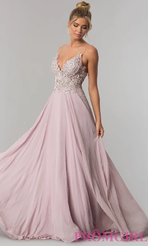Long V-Neck Open-Back Chiffon Prom Dress by PromGirl Boat Neckline Classic