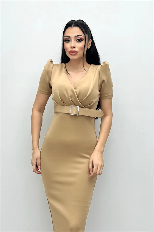 Scuba Fabric Belt Detailed Pen Dress - Beige Tunics Office stylish