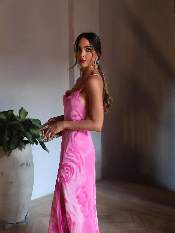 Pink Floral Print Maxi Backless Tie Dress Tunics Modern contemporary