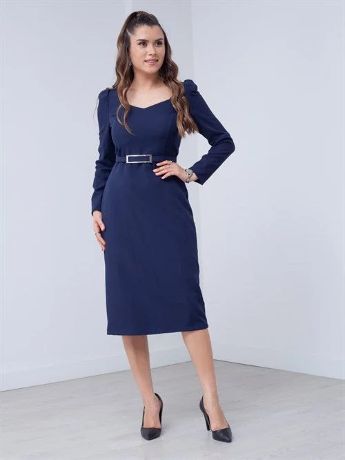 Atlas Fabric Heart Collar Arched Dress - Navy Blue Tunics Mesh breathable