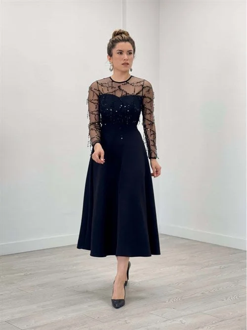 Upper Fringed Sequin Lower Double Fabric Midiboy Dress - Black Tunics Sale discount