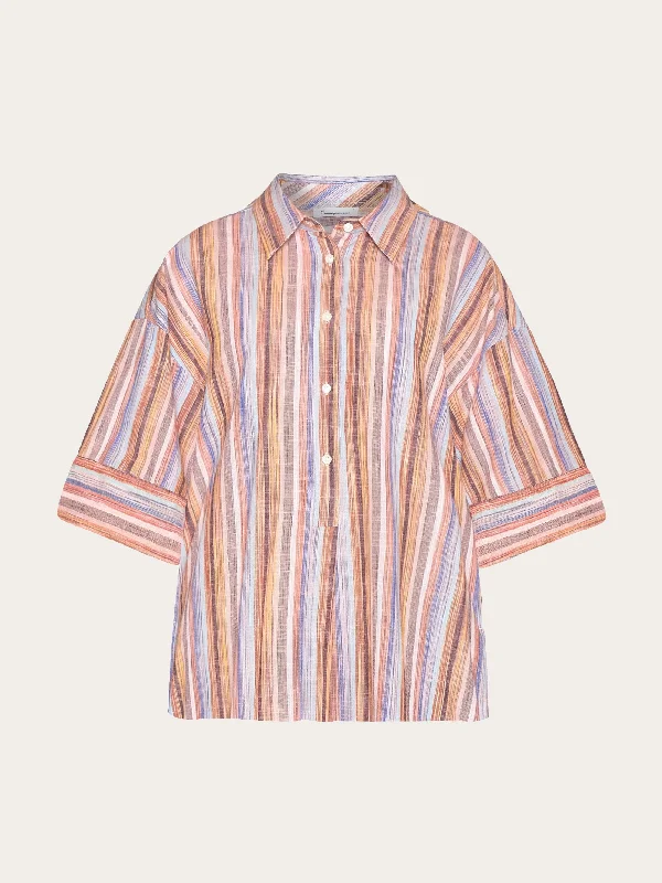 Loose multicolored stripe short sleeved shirt - - GOTS/Vegan - Multi color stripe-- Machine Wash Dry Clean Hand Wash Loose multicolored stripe short sleeved shirt - - GOTS/Vegan - Multi color stripe-- Machine Wash Dry Clean Hand Wash