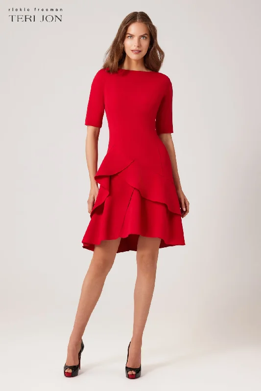 Stretch Crepe Double Ruffle Hem Dress Tunics Fall fleece