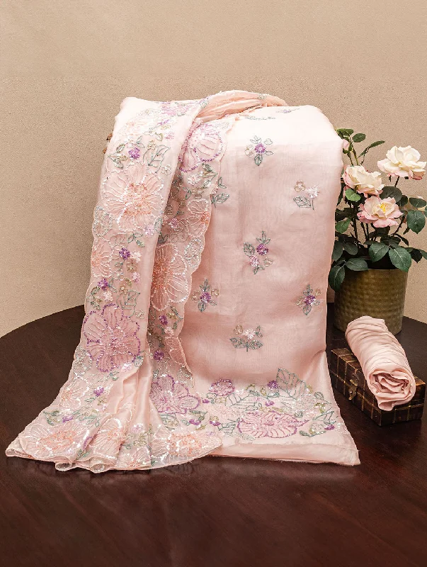 Embroidered Organza Pale Pink Dress Material Tunics Handmade artisanal