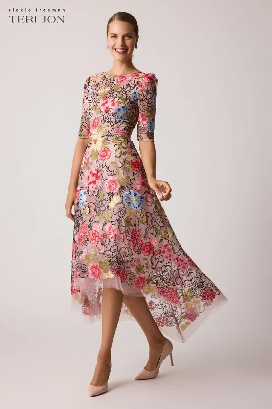 Embroidered Floral High Low Fit N Flare Dress Tunics Stylish elegant
