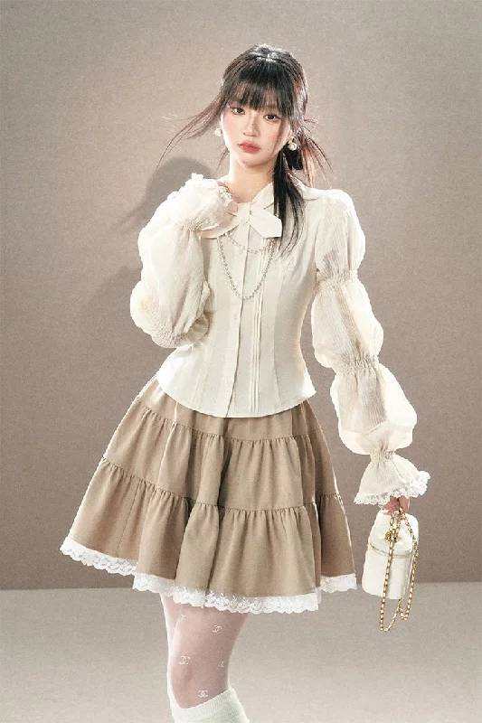 French Off-white Bow See-through Lotus Root Sleeve Shirt UND0004-- Polka Dot Checkered Tartan