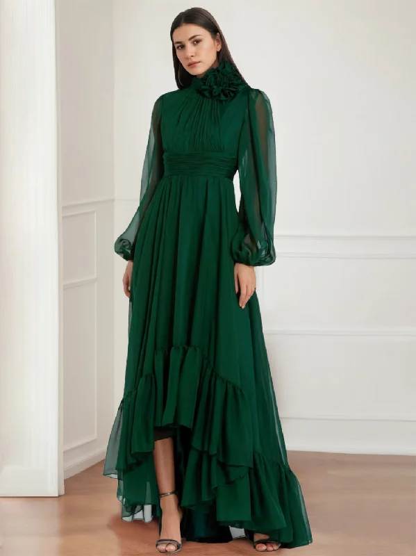 A-Line/Princess Jewel Neck Long Sleeves Asymmetrical Mother of the Bride Dresses with Flower & Ruffles Turtleneck Neckline Stylish A-Line/Princess Jewel Neck Long Sleeves Asymmetrical Mother of the Bride Dresses with Flower & Ruffles Turtleneck Neckline Stylish