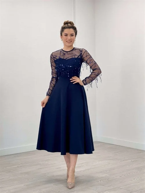 Upper Fringed Sequin Lower Double Fabric Midiboy Dress - Navy Blue Tunics Bestseller popular