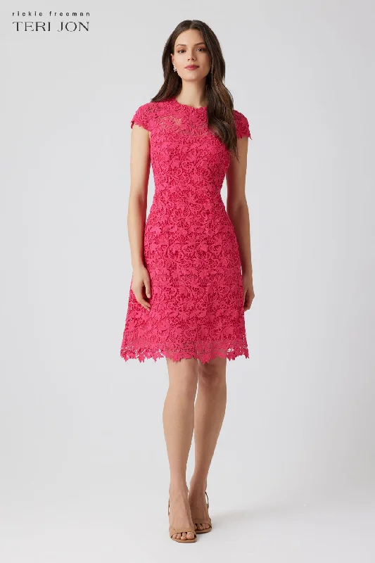 Re-Embroidered Lace Cap-Sleeve A-Line Dress Tunics Trousers formal