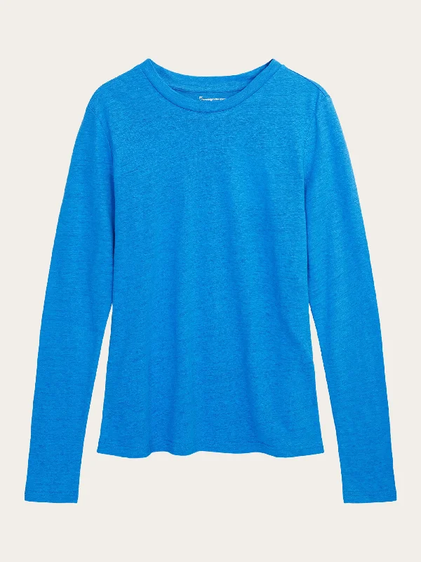 Long sleeve linen t-shirt - GOTS/Vegan - Malibu Blue-- Ribbed Striped Patterned