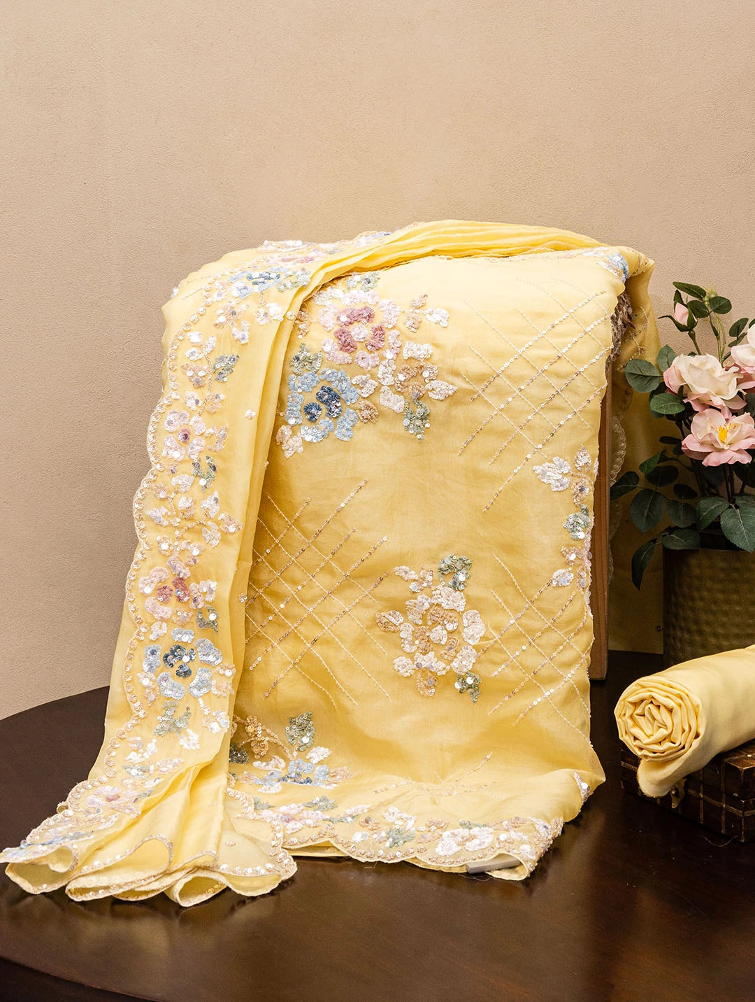 Embroidered Organza Pastel Yellow Dress Material Tunics Luxurious high-end