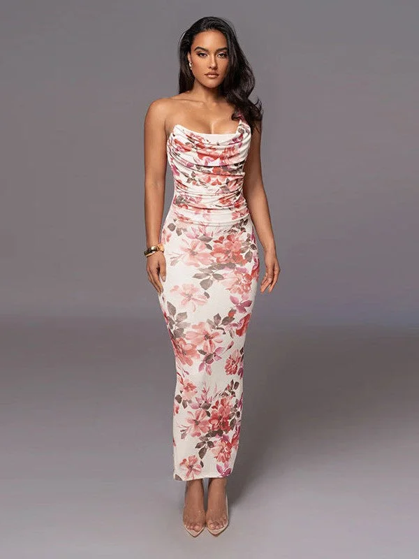 Floral Print One Shoulder Suspender Sheath Dress Tunics Evening elegant