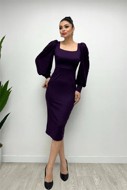 Crepe Fabric Square Collar Pen Dress - Eggplant Purple Tunics Luxurious premium