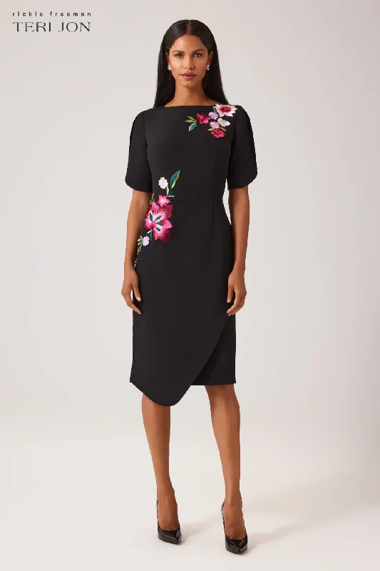 Crepe Embroidered Flower Stretch Dress Floral Print girly