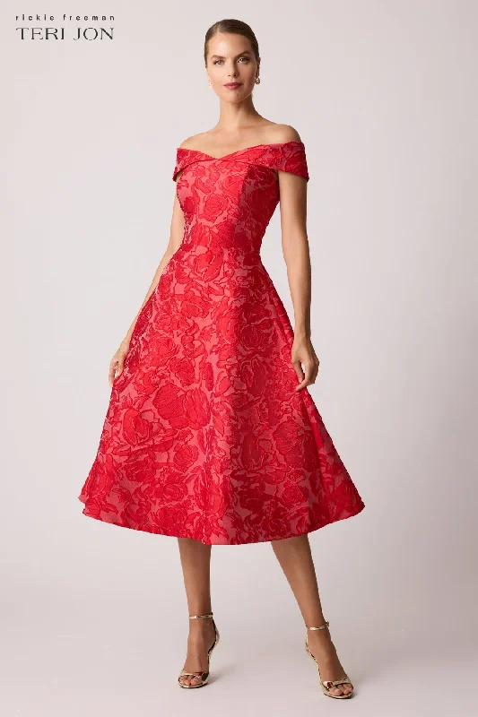 Jacquard Floral Off Shoulder Fit N Flare Dress Tunics Recommended stylist