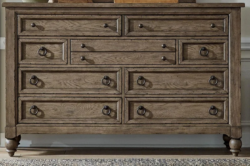Liberty Furniture Americana Farmhouse 9 Drawer Dresser in Dusty Taupe and Black Tunics Satin smooth
