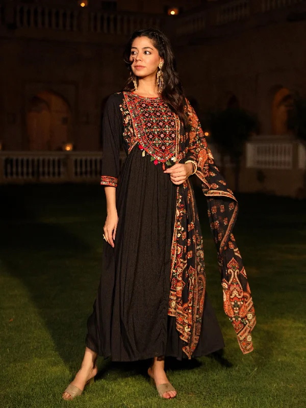 Black Thread Embroidered Cotton Dress & Dupatta With Tassels & Mirror Work Maxi Flowy Bohemian