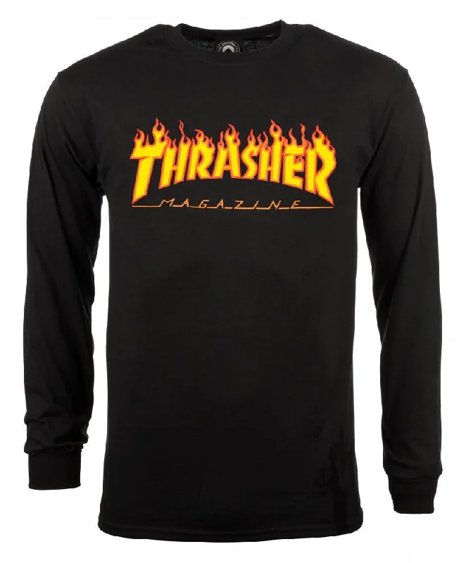 Thrasher Long Sleeve T-Shirt Flame Logo - Black-- Front Pockets Side Pockets Patch Pockets Thrasher Long Sleeve T-Shirt Flame Logo - Black-- Front Pockets Side Pockets Patch Pockets