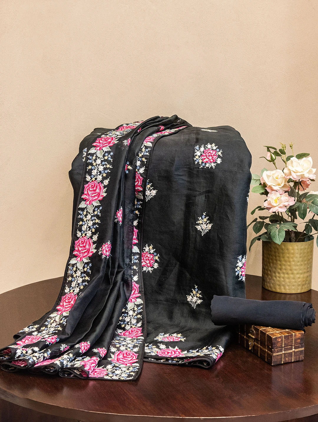 Black organza dress material with resham work. empire Waist empire