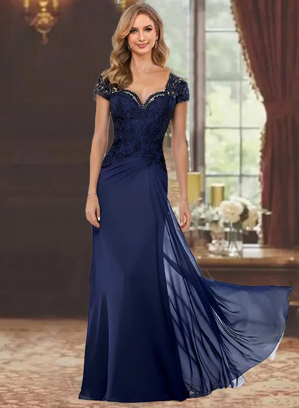Sheath/Column Sweetheart Short Sleeves Floor-Length Mother of the Bride Dresses with Appliques Lace Tunics Formal black