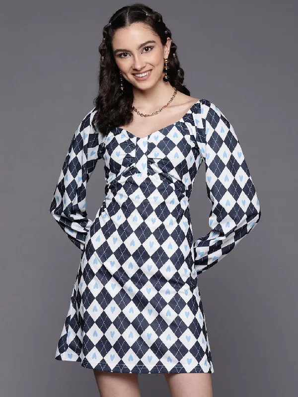 Women Navy Geometric Front Bow Dress Tunics Long Elegant