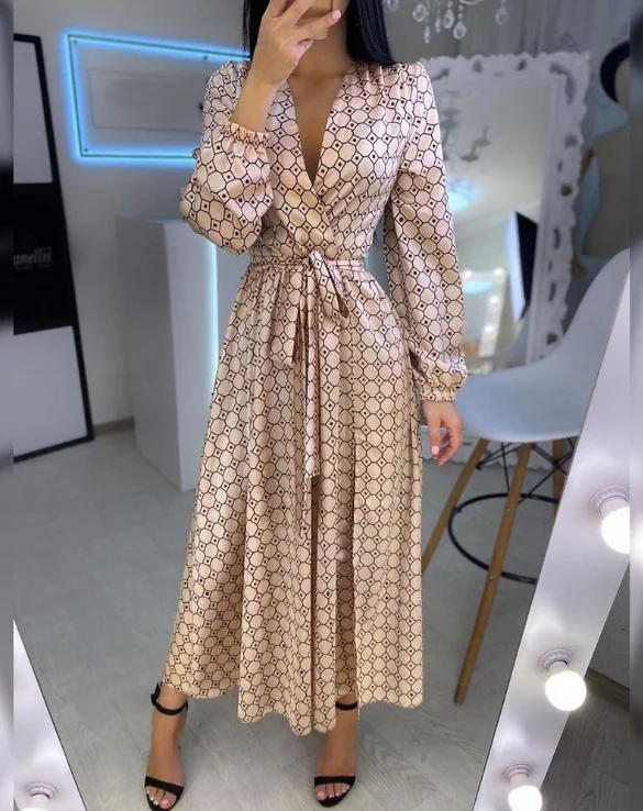 Summer Elegant V Neck Printed Geometric Waist Belt Casual Dress Women Tunics Spring floral
