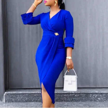 Blue Elegant High Waist V Neck Pleat Split Office Career Lady Dress Boatneck Modish Everyday