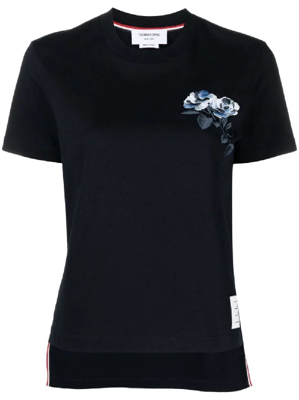rose-embroidered cotton T-shirt-- Hooded Caped Shawl Collar