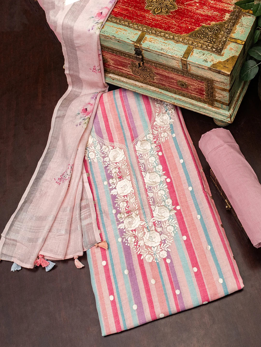Multicoloured Linen Dress Material empire Waist empire