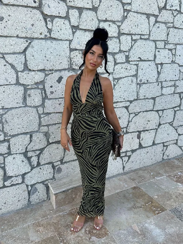 Animal Print Halterneck Backless Ruched Dress Tunics Corduroy durable