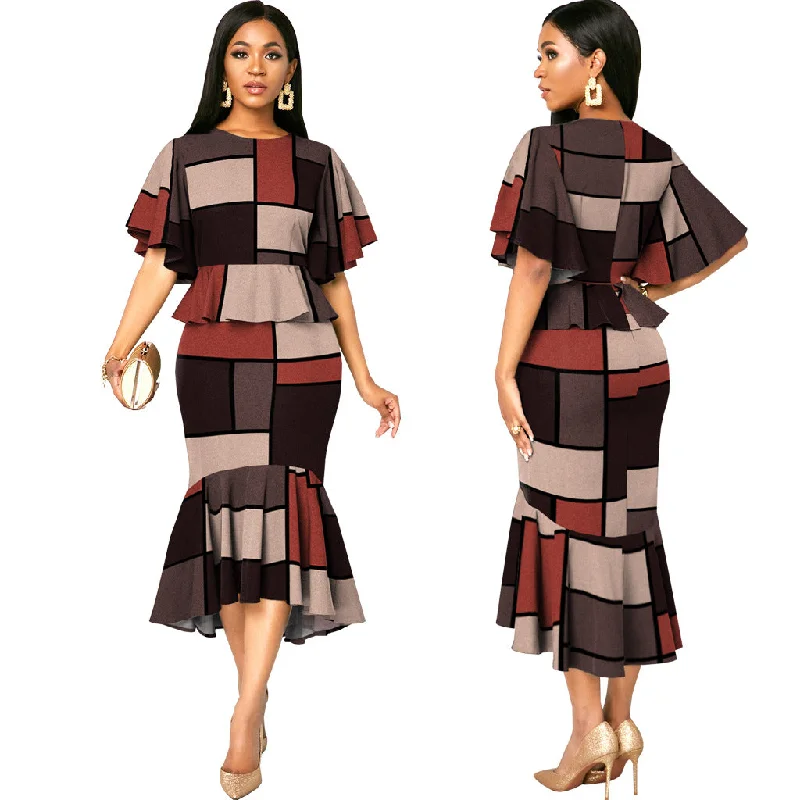 C1103TA28 New Design Elegant Plaid Print Ruffles Bodycon Irregular Dress For Women Sehe Fashion Tunics Practical easy-care