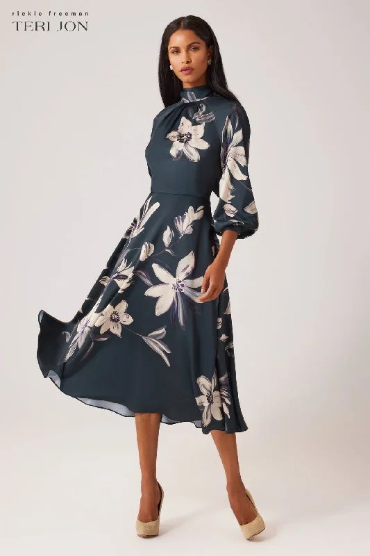 Twill Floral Print Tie Neck Dress Tunics Distressed trendy