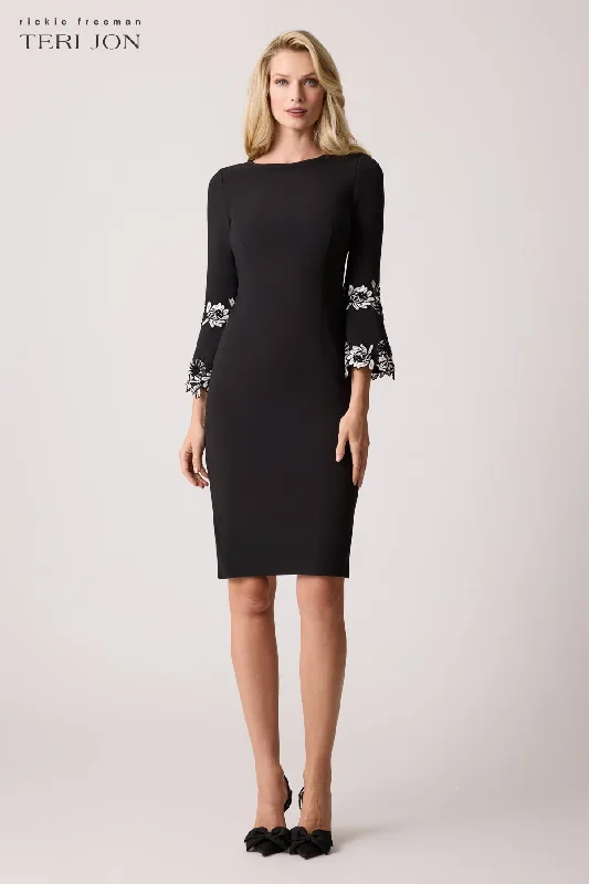 Stretch Crepe Lace Trim Flounce Sleeve Dress Tunics Party sparkling