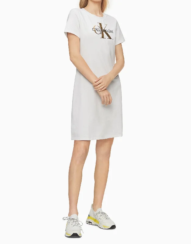 Calvin Klein Metallic Monogram Logo T-Shirt Dress - Women-- Ribbed Striped Patterned Calvin Klein Metallic Monogram Logo T-Shirt Dress - Women-- Ribbed Striped Patterned