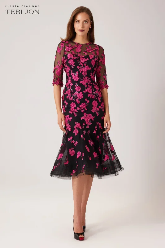 Flower Applique Godet Dress Tunics Fall fleece