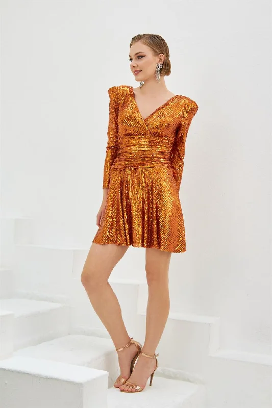 Orange Sequined Long Sleeve Short Evening Dress Tunics Running lightweight
