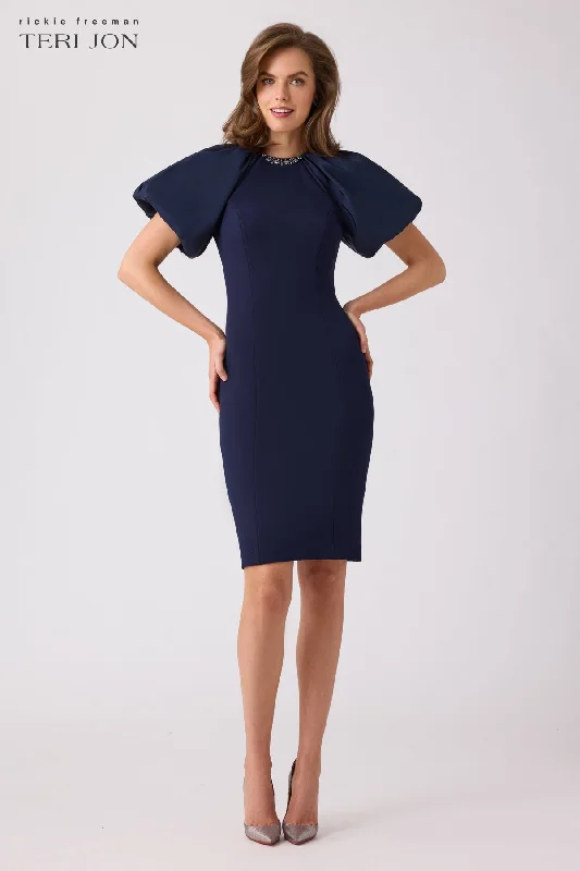 Taffeta Puff Sleeve Crepe Sheath Dress Turtleneck Neckline Stylish