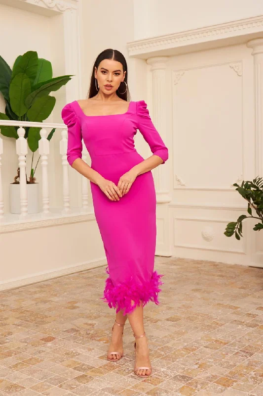 Fuchsia Crepe Skirt Feathered Midi Promise Dress Tunics Party sparkling