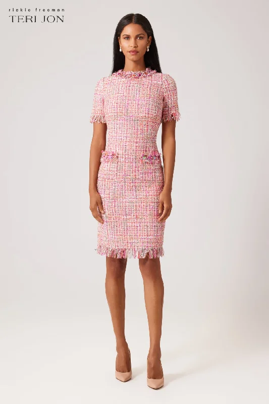 Tweed Sheath Dress With Bead Trim Tunics Fleece cozy