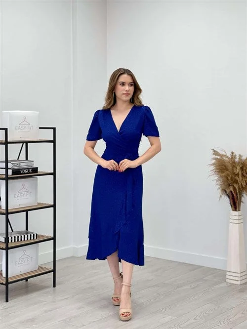 Imported Silvery Fabric Belt Detailed Midiboy Dress - Saks Blue sweetheart Neckline Romantic