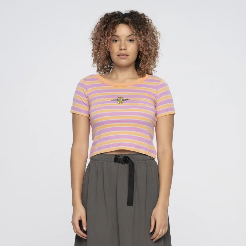 Santa Cruz Womens T-Shirt Peace Strip T-Shirt - Pink / Orange Stripe-- Notch Collar Peter Pan Collar Cowl Neck Santa Cruz Womens T-Shirt Peace Strip T-Shirt - Pink / Orange Stripe-- Notch Collar Peter Pan Collar Cowl Neck