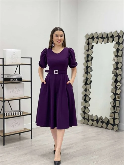 Crepe Fabric Belt Detailed Dress - Eggplant Purple Tunics Vintage classic