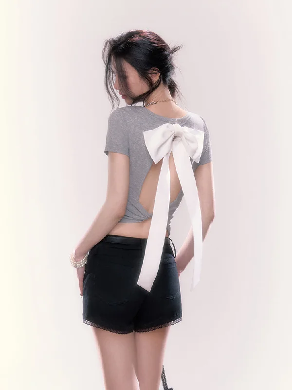 Back Bow Open Style Short-Sleeved Slim T-Shirt UND0051-- Cotton Fabric Linen Fabric Terry Fabric Back Bow Open Style Short-Sleeved Slim T-Shirt UND0051-- Cotton Fabric Linen Fabric Terry Fabric