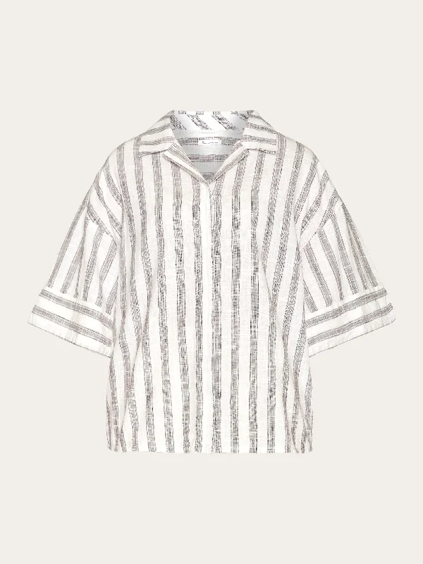 Loose multicolored stripe short sleeved shirt - - GOTS/Vegan - Brown stripe-- Handmade Hand-knitted Hand-woven Loose multicolored stripe short sleeved shirt - - GOTS/Vegan - Brown stripe-- Handmade Hand-knitted Hand-woven