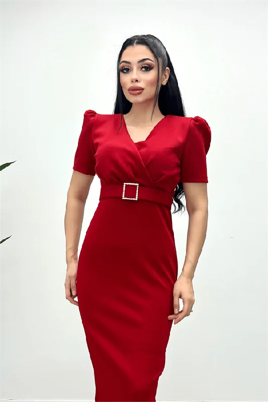 Scuba Fabric Belt Detailed Pen Dress - Red Tunics Yoga stretchy
