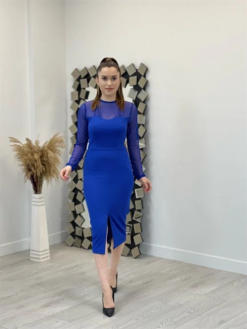 Crepe Fabric Tulle Detailed Pen Dress - Saks Blue Tunics Top rated