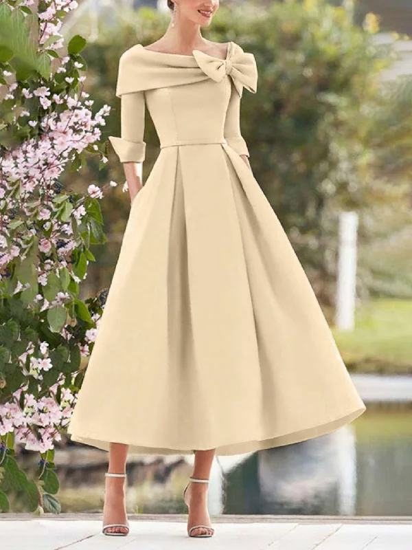 A-Line/Princess Cowl Neck Bow(s) 3/4 Sleeves Tea Length Elegant Mother of the Bride  & Groom Dresses Tunics Sale discount