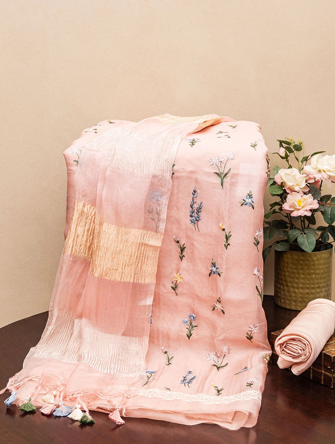 Embroidered Organza Peach  Dress Material Casual Short Summer