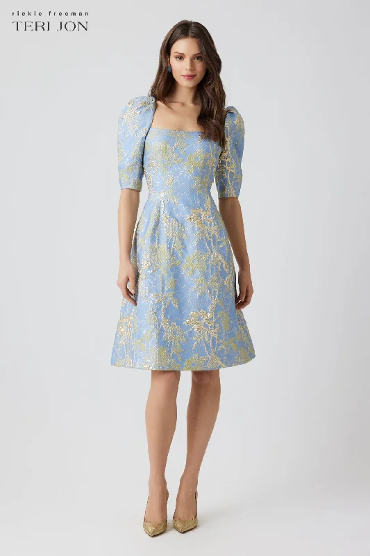 Metallic Jacquard Square Neck Puff Sleeve Dress Tunics Print Colorful