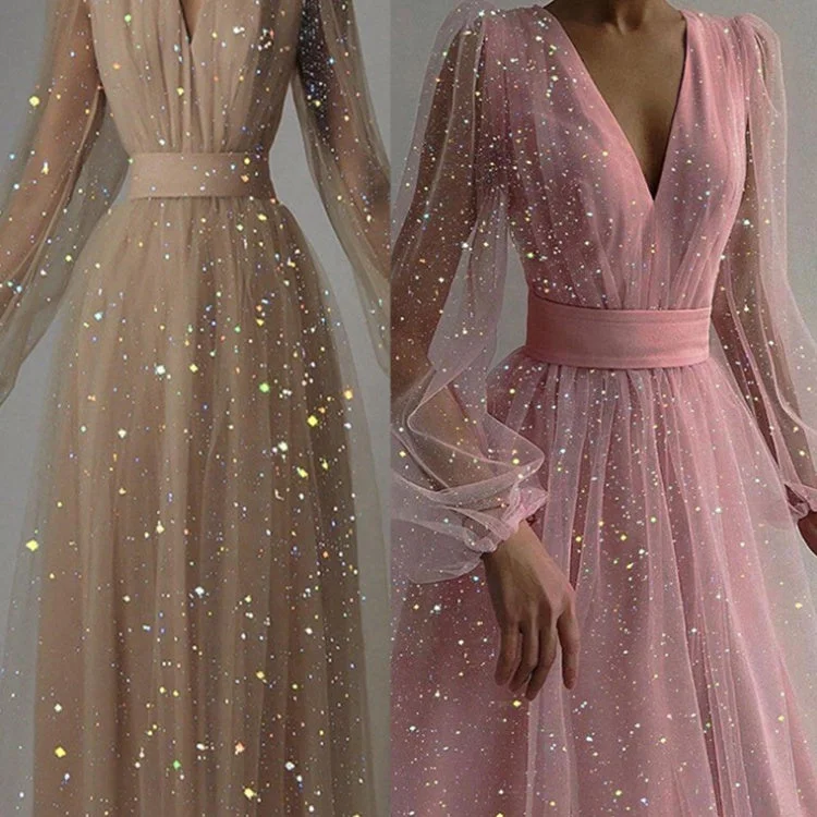 Summer V-neck Lantern Long Sleeve Women Dresses Sequined Mesh Tulle  Knee-high Clothing Lady Elegant Evening Dress Tunics Floral girly
